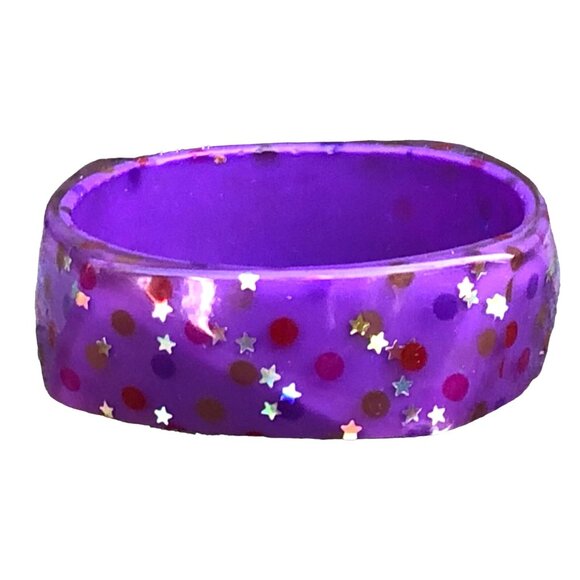 Vintage Y2K Purple Confetti Lucite Bangle Bracelet Faceted Glitter Polka Dots - Picture 4 of 8